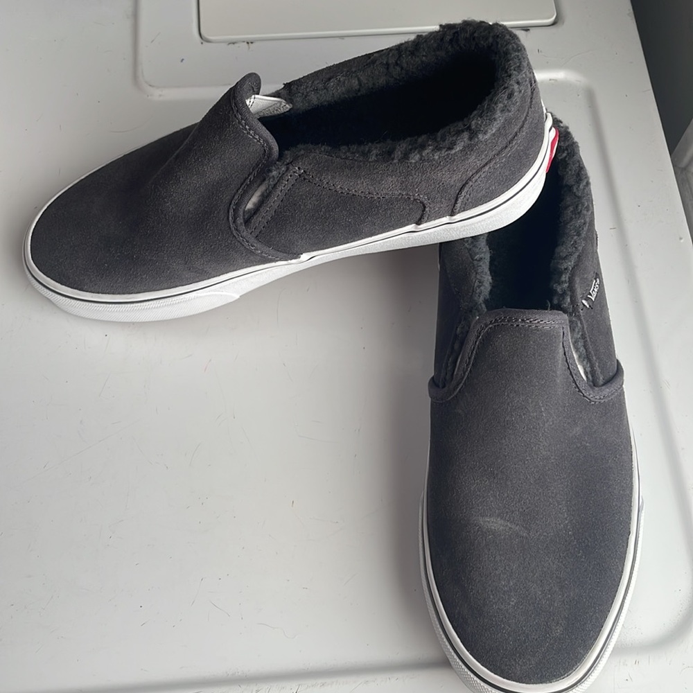 Vans Asher shoes slip on asphalt black suede Sherpa fur lined men size 7 1/2 7.5 - Picture 3 of 10